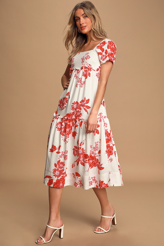 Embroidered White And Pink Floral Dress - Maxi Dresses | Red Dress