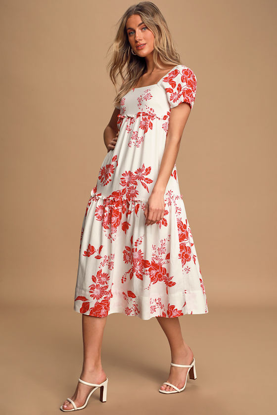 On Island Time Red and White Floral Print Tiered Midi Dress 6