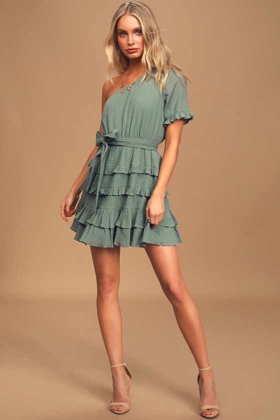 Sage Green Mini Dress - Tiered Skater Dress - One-Shoulder Dress - Lulus