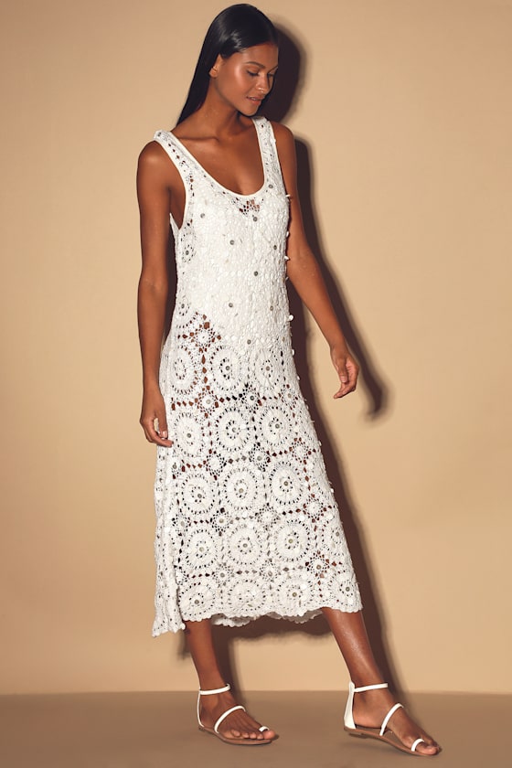 Cute Beige Swim CoverUp Crochet CoverUp Beaded CoverUp Lulus