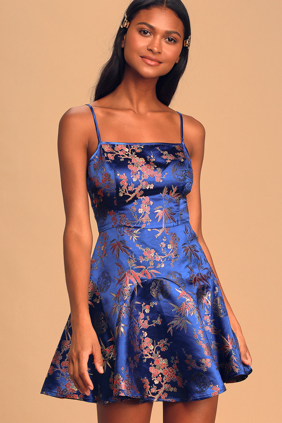 Royal Blue Satin Dress - Jacquard Mini ...