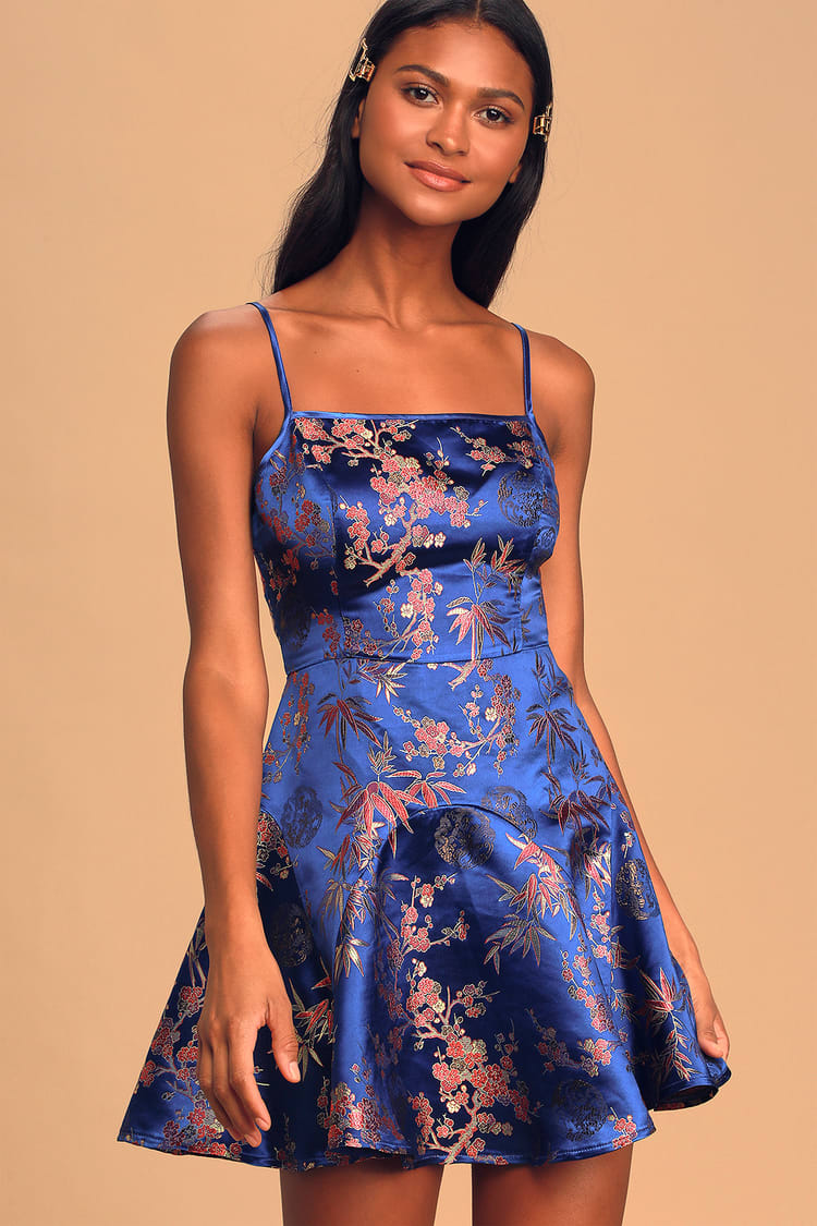 Royal Blue Satin Dress - Jacquard Mini Dress - Chic Skater Dress - Lulus