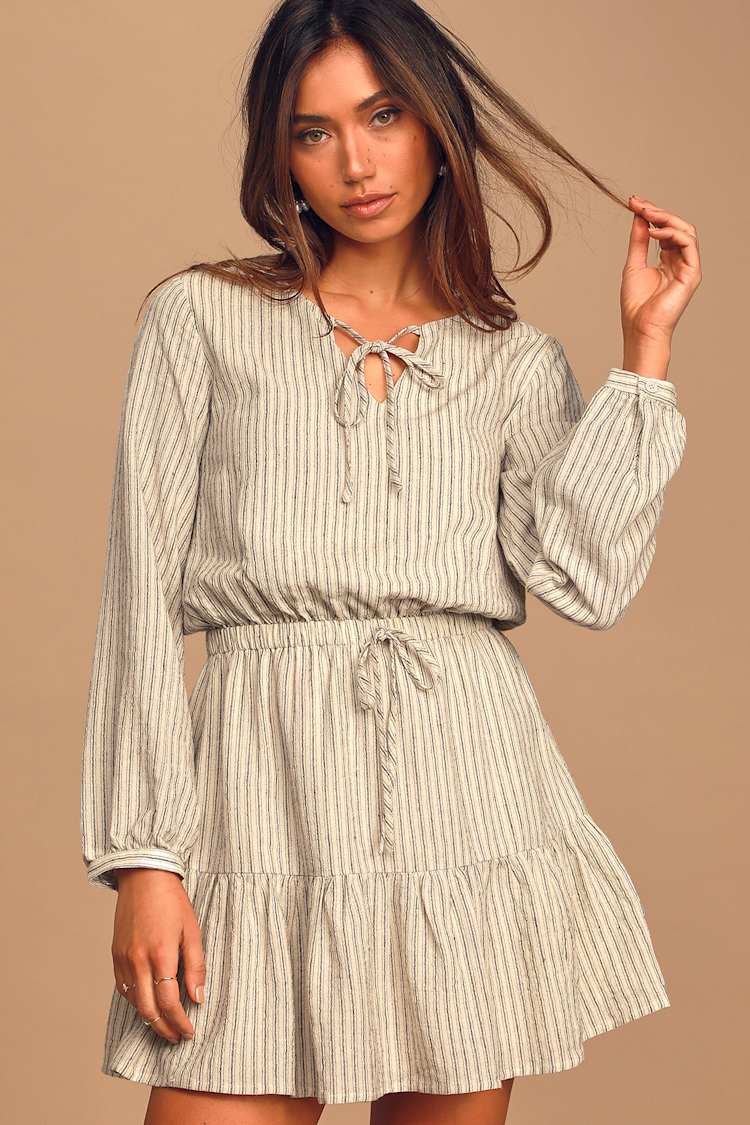 Cute Beige Striped Dress - Long Sleeve Mini Dress - Skater Dress - Lulus