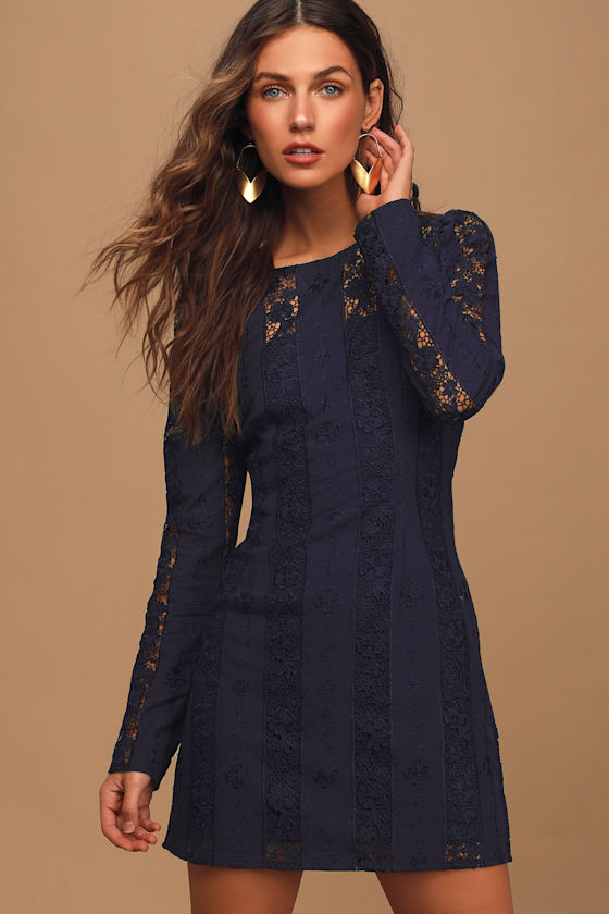 Navy Blue Lace Dress Embroidered Mini Dress Long Sleeve Dress Lulus