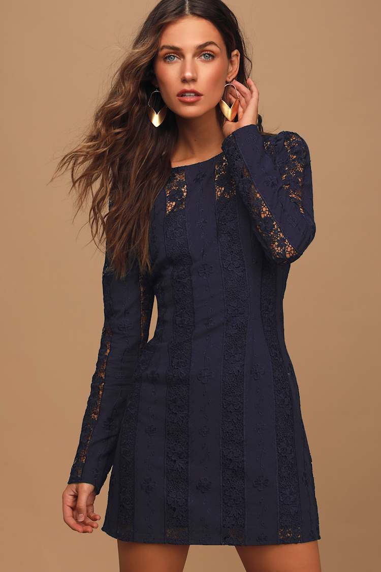 Blooming Season Navy Embroidered Lace Long Sleeve Mini Dress Blooming Season Navy Embroidered Lace Long Sleeve Mini Dress