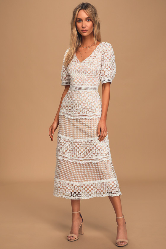 white lace puff sleeve dress