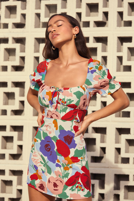 Iris White Multi Floral Print Puff Sleeve Mini Dress