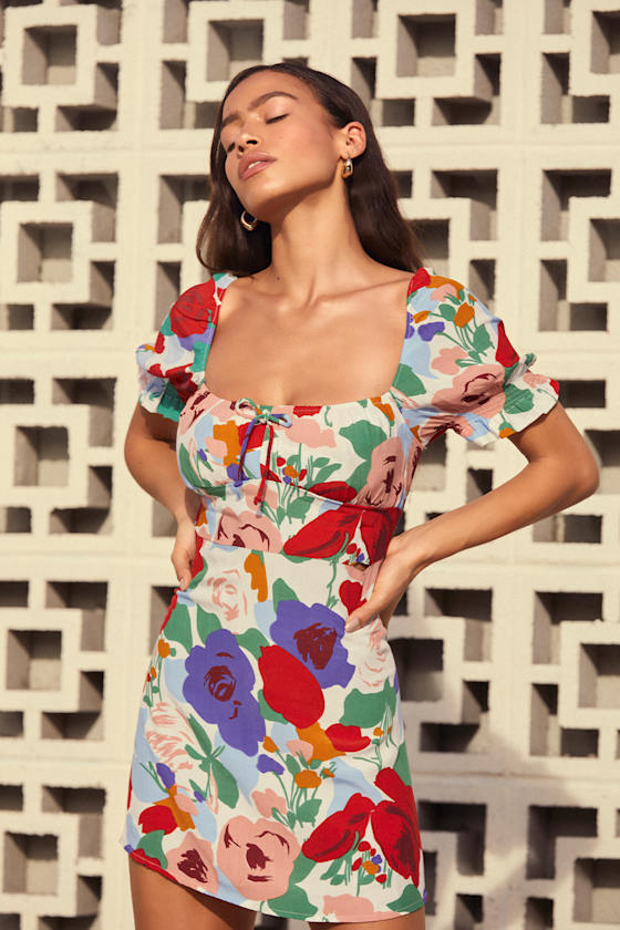Iris White Multi Floral Print Puff Sleeve Mini Dress 7