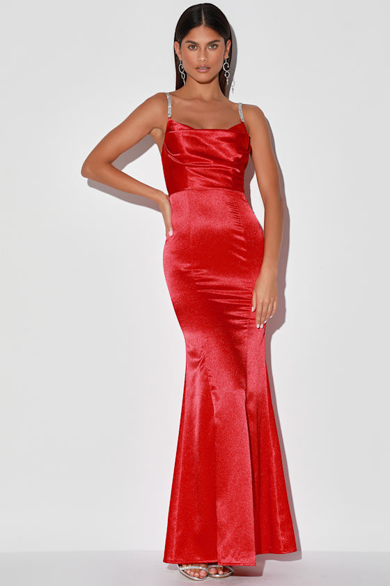 Luxe Take Red Satin Rhinestone Cowl Neck Maxi Dress 4