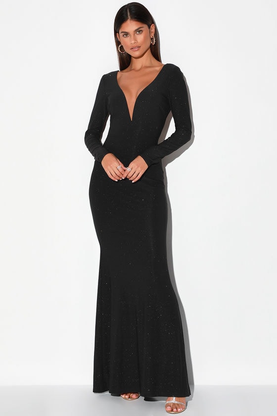 Long sleeve open back black dress hot sale