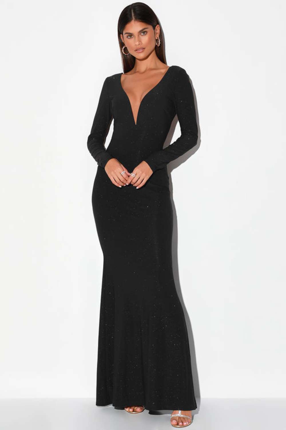 Glamorous in Glitter Black Long Sleeve Backless Maxi Dress