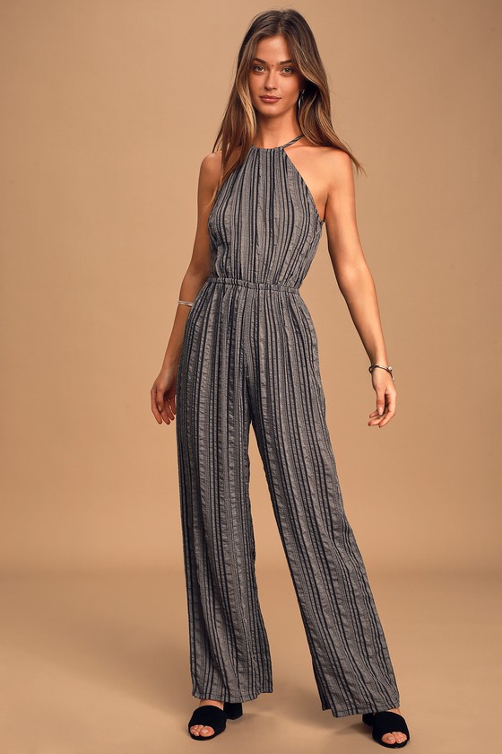 Cute Grey Striped Jumpsuit - Halter Jumpsuit - Wide-Leg Jumpsuit - Lulus