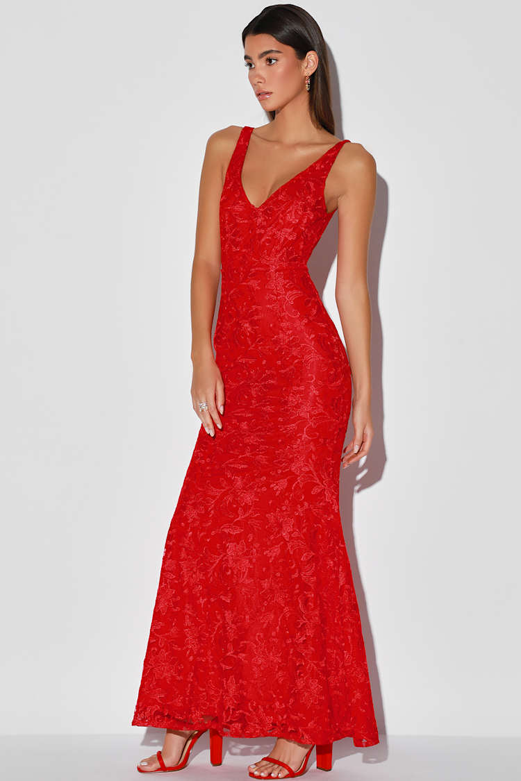 Chic Red Maxi Dress - Floral Lace Dress - Mermaid Maxi Dress - Lulus
