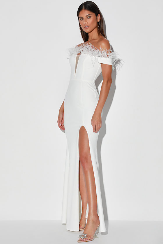 Romantic Endeavors White Off-the-Shoulder Feather Maxi Dress 4