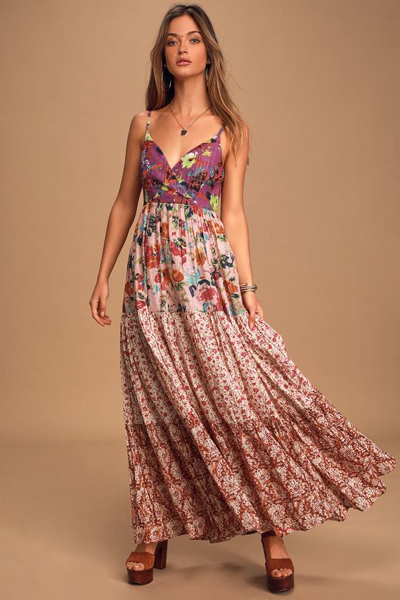 Boho Maxi Dress - Pink Multi Floral Dress - Tiered Maxi Dress - Lulus