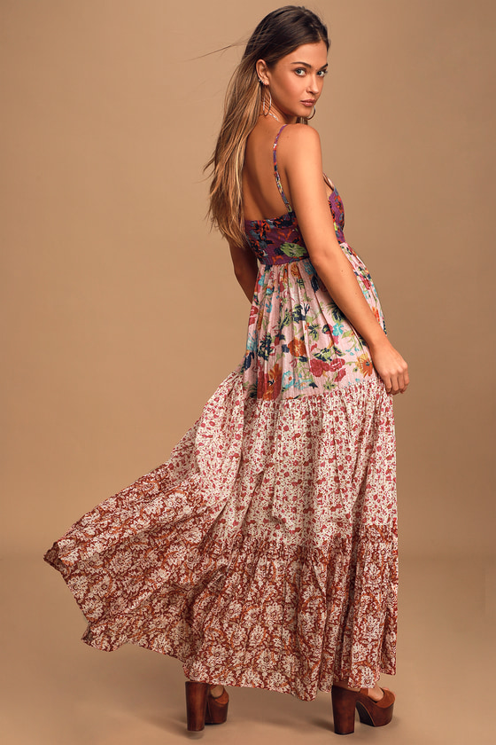 Boldly Boho Pink Multi Floral Print Tiered Maxi Dress