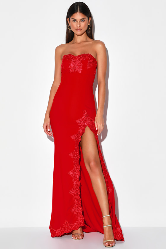 Red Tulle Strapless Ruched Maxi Dress | Womens | Small | 100% Polyester | Lulus