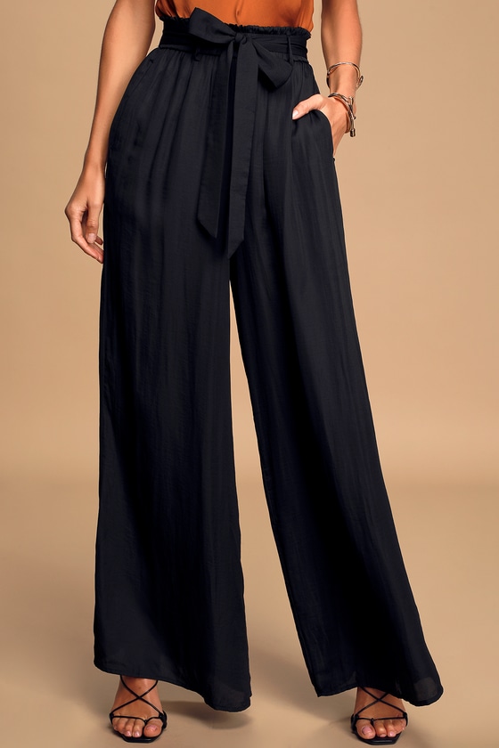 Cute Woven Black Pants - Wide-Leg Pants - Belted Pants - Lulus