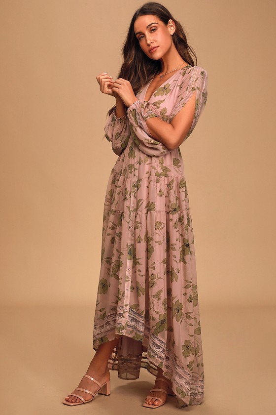 Mauve Floral Print Dress - Cute Tiered Maxi Dress - High-Low Maxi - Lulus