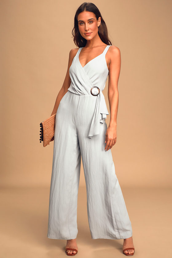 Cute Blue Jumpsuit Faux Wrap Jumpsuit WideCut Jumpsuit Lulus
