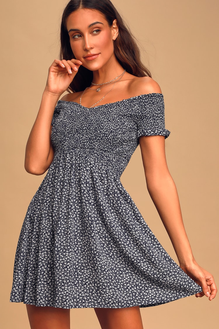 Flirt It Up Navy Blue Floral Print Off-the-Shoulder Mini Dress