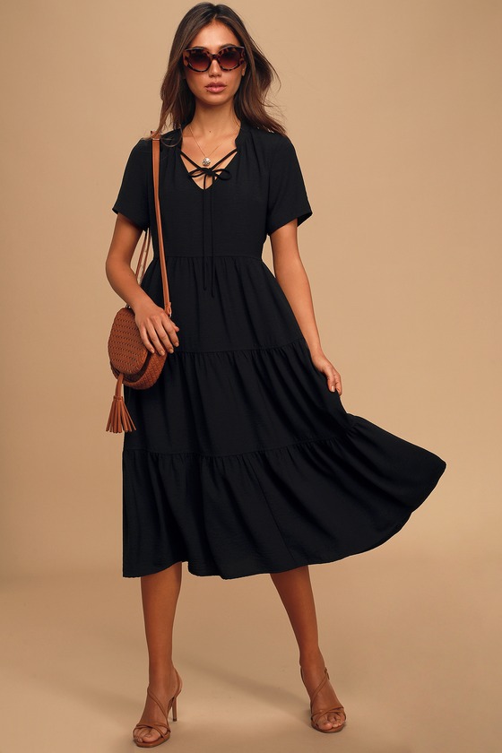 Cute Black Midi Dress - Short Sleeve Midi Dress - Tiered Dress - Lulus