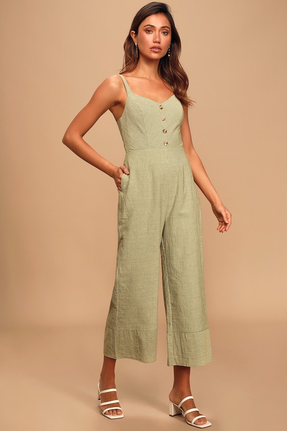 Cute Sage Green Striped Jumpsuit - Culotte Jumpsuit - Jumpsuit - Lulus