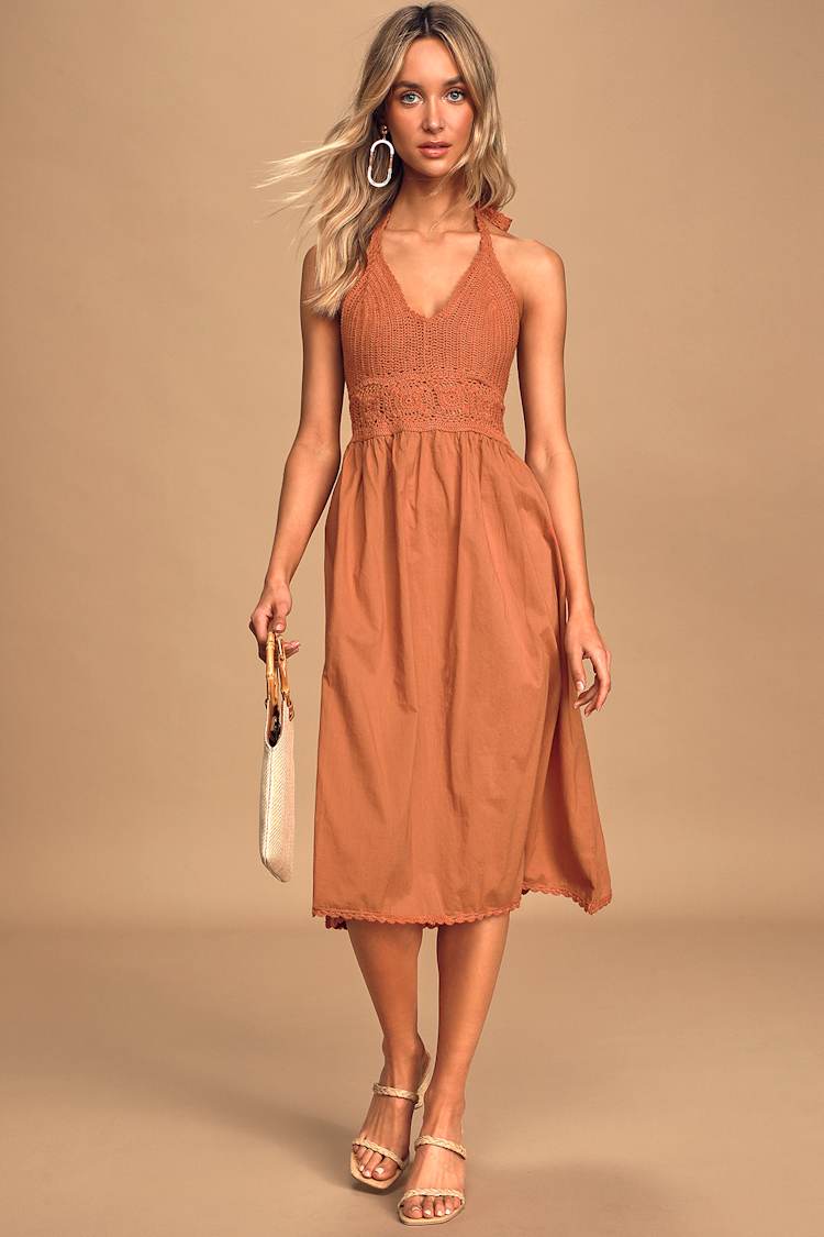 You-nique Rust Brown Crochet Halter Midi Dress