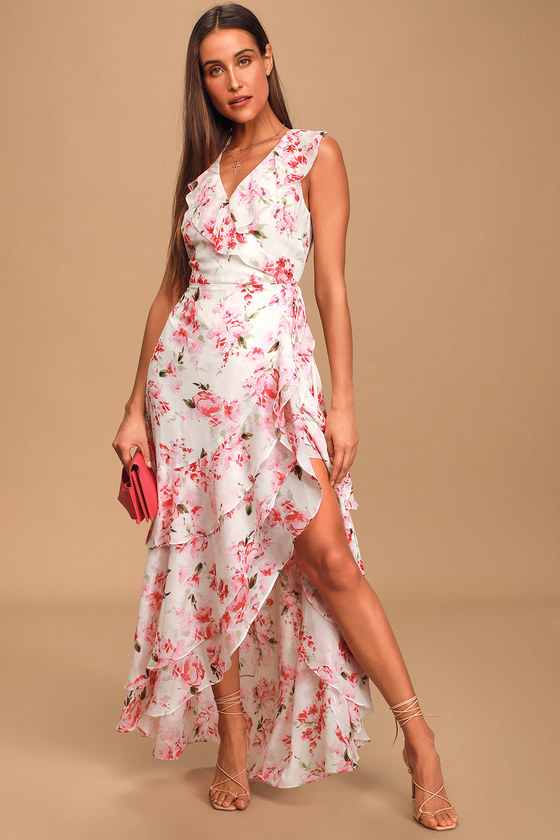 Lovely White Floral Dress - Ruffled Maxi Dress - Wrap Dress - Lulus