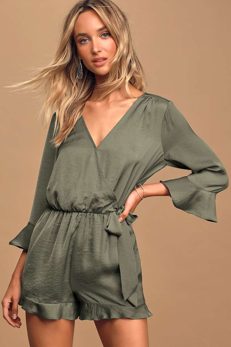 Chic Olive Green Romper - Satin Romper - Ruffled Romper - Lulus