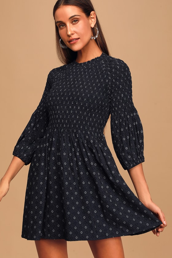 Navy Blue Mini Dress - Smocked Skater Dress - 3/4 Sleeve Dress - Lulus