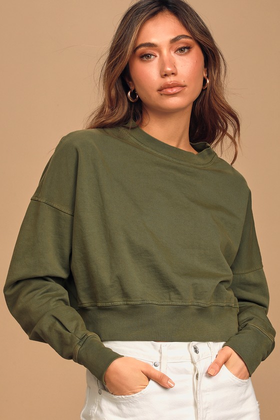 Comfort Zone Olive Green Cropped Pullover Sweatshirt