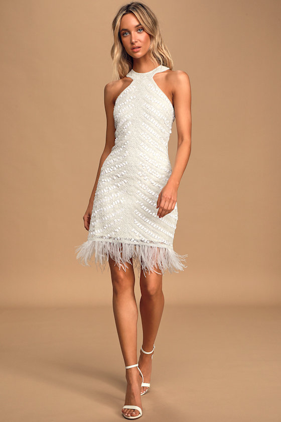 Feather Together White Beaded Halter Mini Dress 1