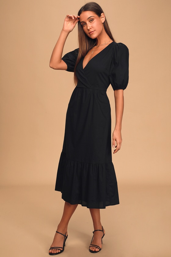 black puff sleeve midi dress