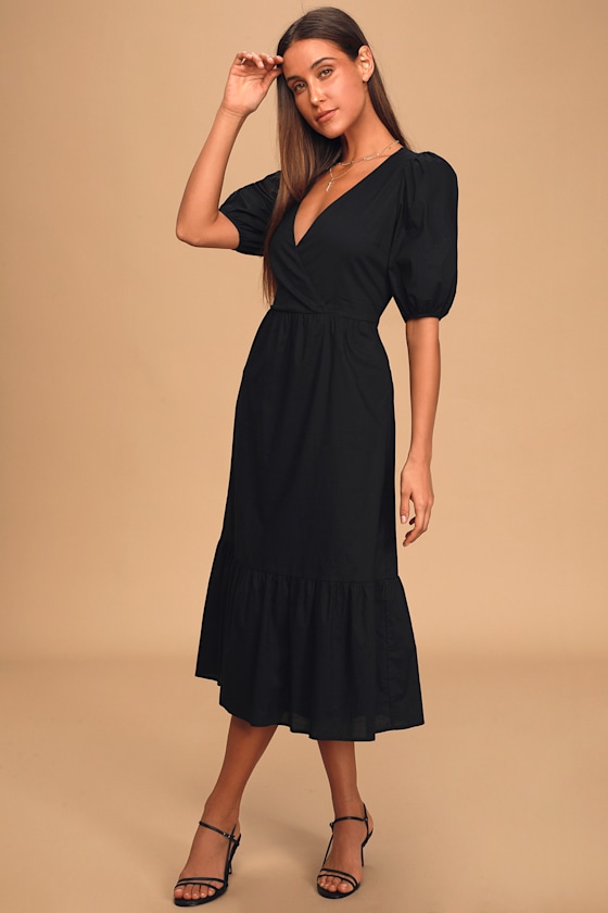 Black Midi Dress Trendy Puff Sleeve Dress Surplice Dress Lulus