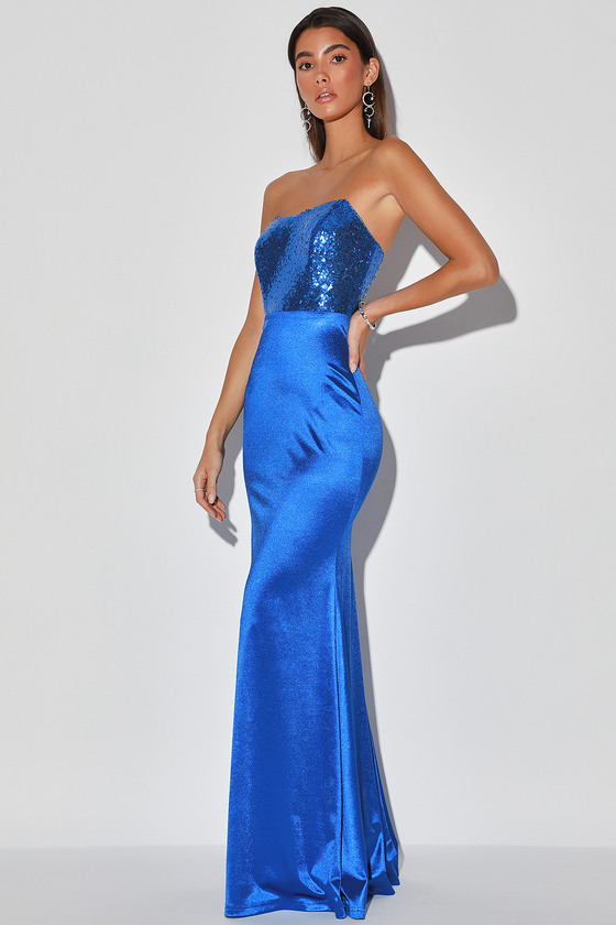 Stunning Blue Maxi Dress Sequin Bodice Gown Strapless Maxi Lulus