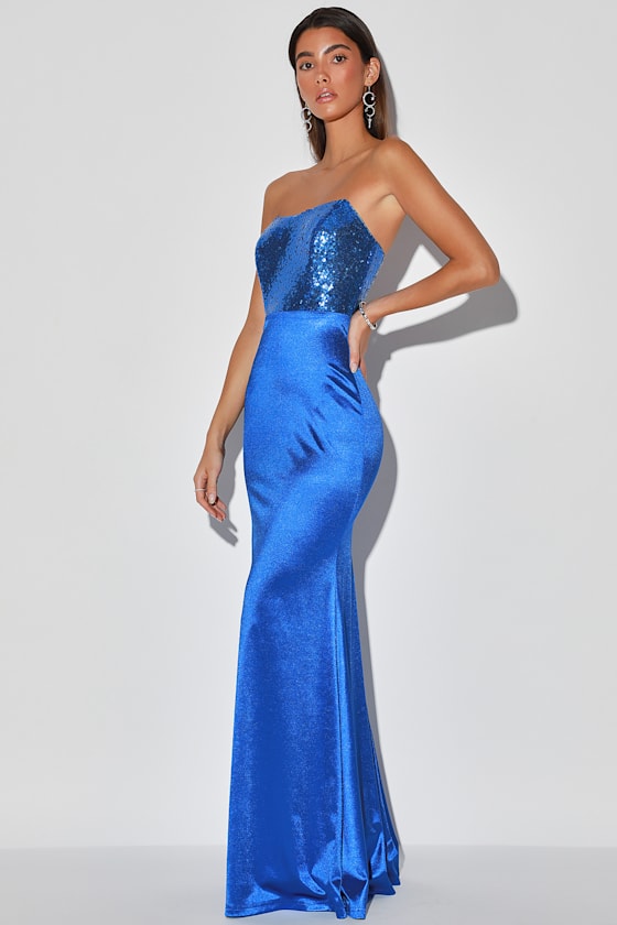Play to Sequin Royal Blue Sequin Strapless Maxi Dress 4