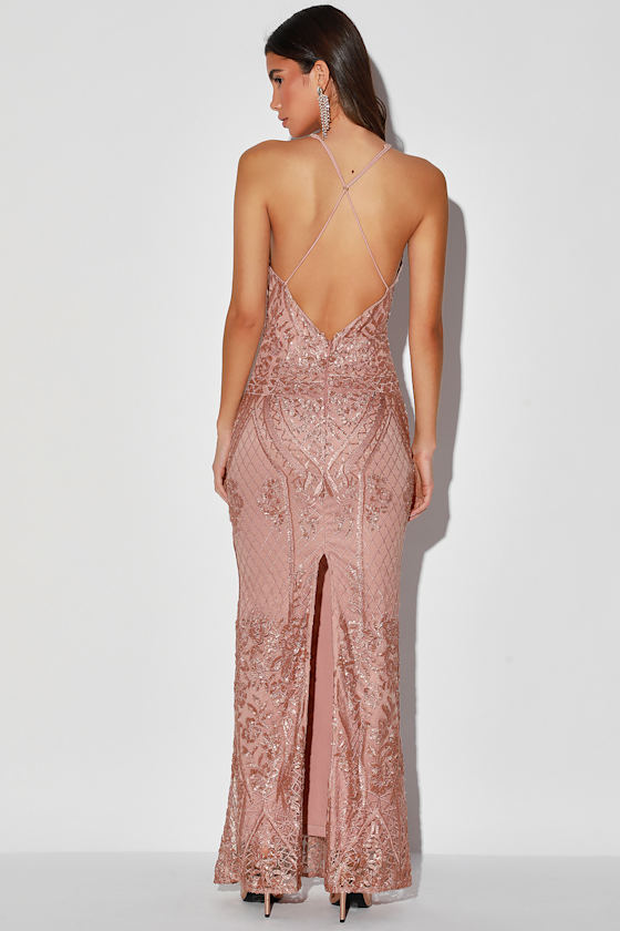 Always Think Of Me Mauve Embroidered Sequin Mermaid Maxi Dress 6