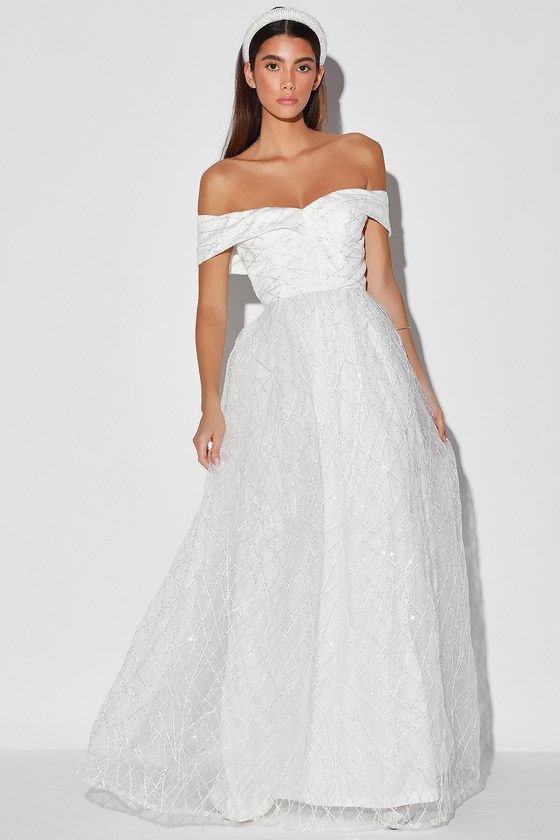 Elegant White Gown - Off-The-Shoulder Maxi - Sequin Maxi Dress - Lulus