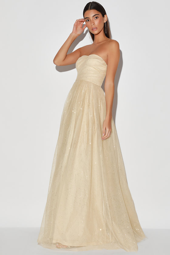 Gold Glitter Dress Maxi Dress Strapless Tulle Dress Lulus