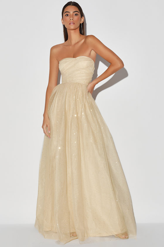 Born to Sparkle Cream and Gold Glitter Strapless Maxi Dress 4