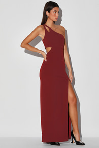Simply Beautiful Burgundy One-Shoulder Cutout Maxi Dress