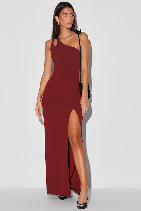 Simply Beautiful Burgundy One-Shoulder Cutout Maxi Dress 3