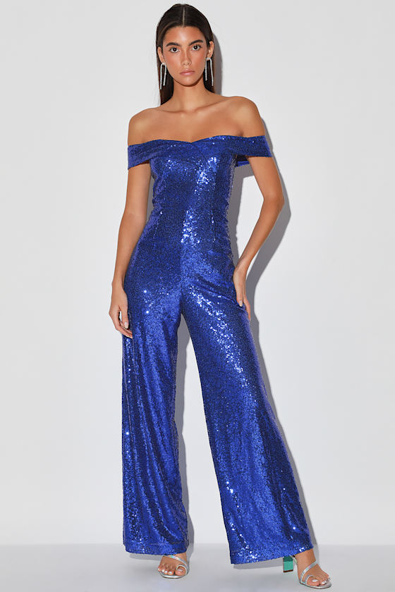 Here to Sparkle Royal Blue Sequin Off-the-Shoulder Jumpsuit 5