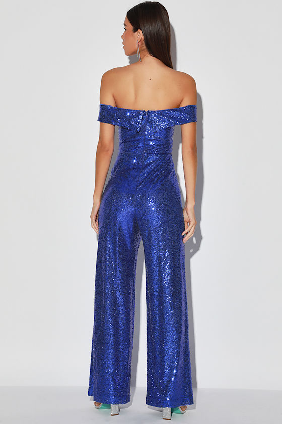Here to Sparkle Royal Blue Sequin Off-the-Shoulder Jumpsuit 2