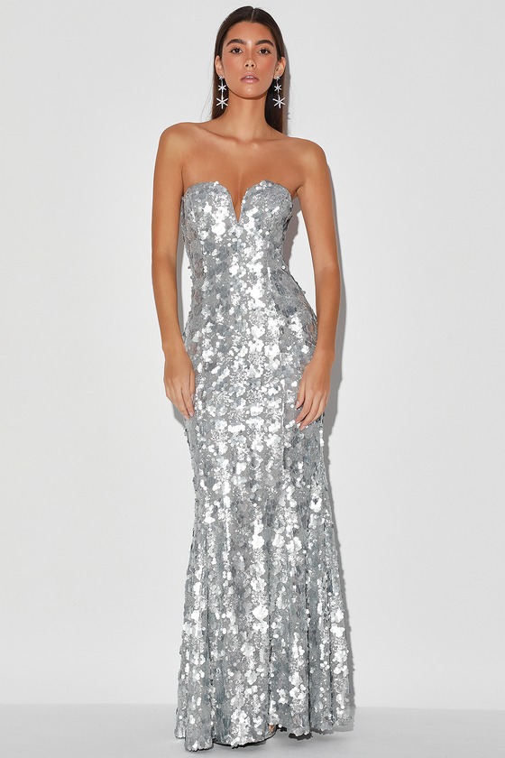 strapless silver gown