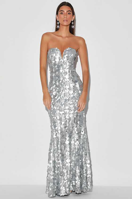 Ballroom Beauty Matte Silver Sequin Strapless Mermaid Maxi Dress 5