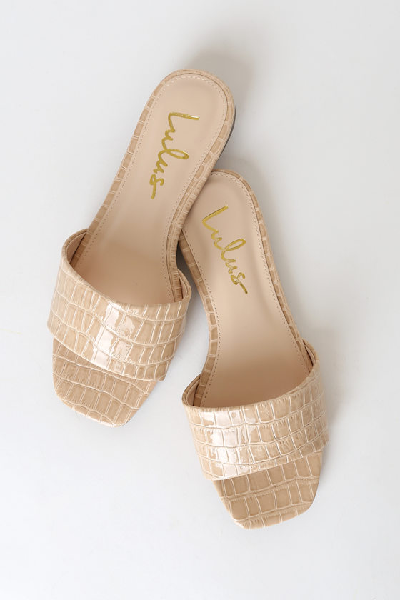 Markiee Nude Patent Crocodile-Embossed Slide Sandals 2