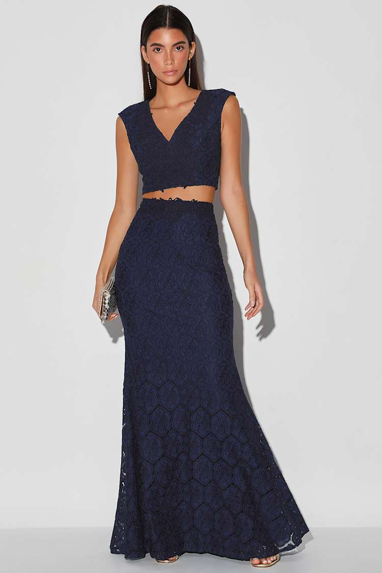slim fit dress slacks Modest Blue Two Piece A Line Floor Length Off Shoulder Princess Long Prom  Dresses main image 0