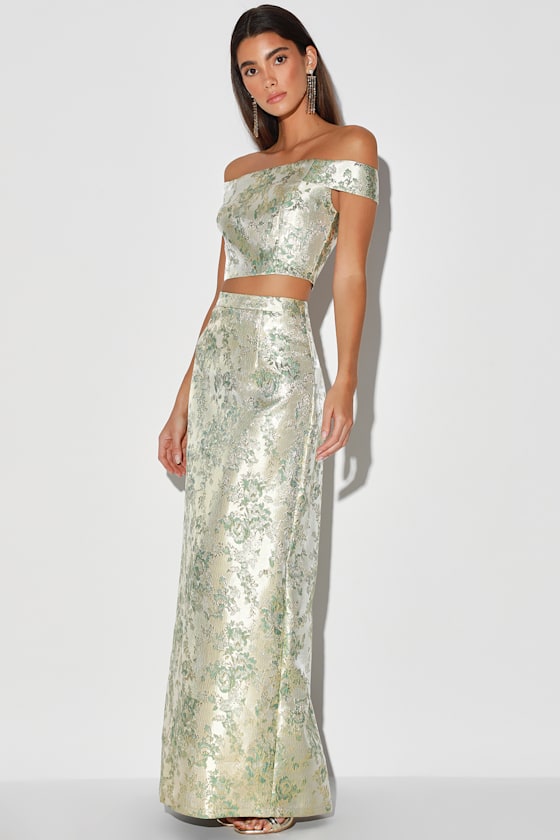 Evening Gleam Gold and Sage Green Two-Piece Maxi Dress 4